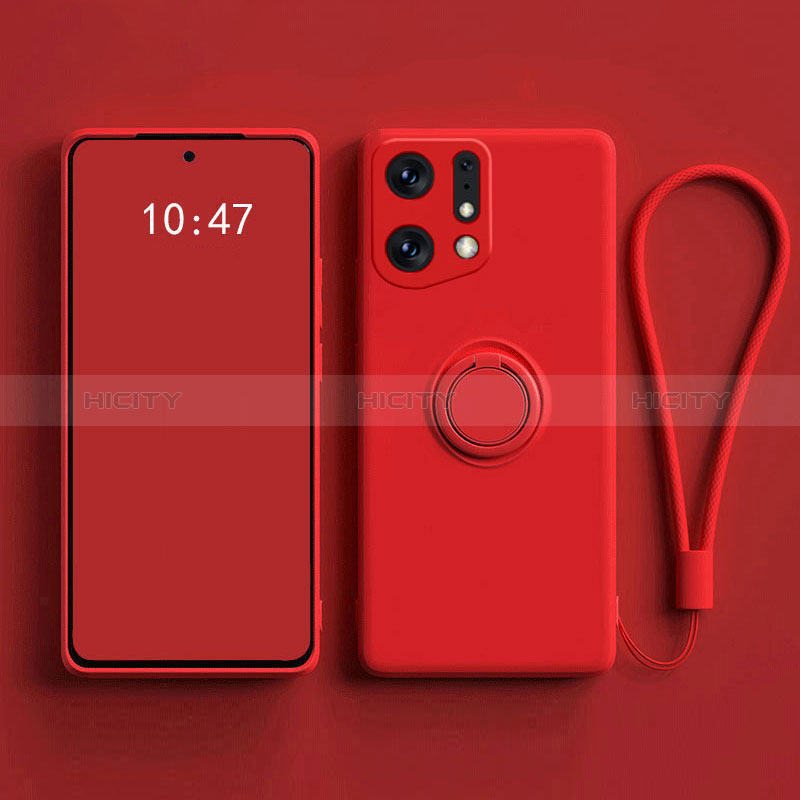 Funda Silicona Carcasa Ultrafina Goma con Magnetico Anillo de dedo Soporte S01 para Oppo Find X5 5G Rojo