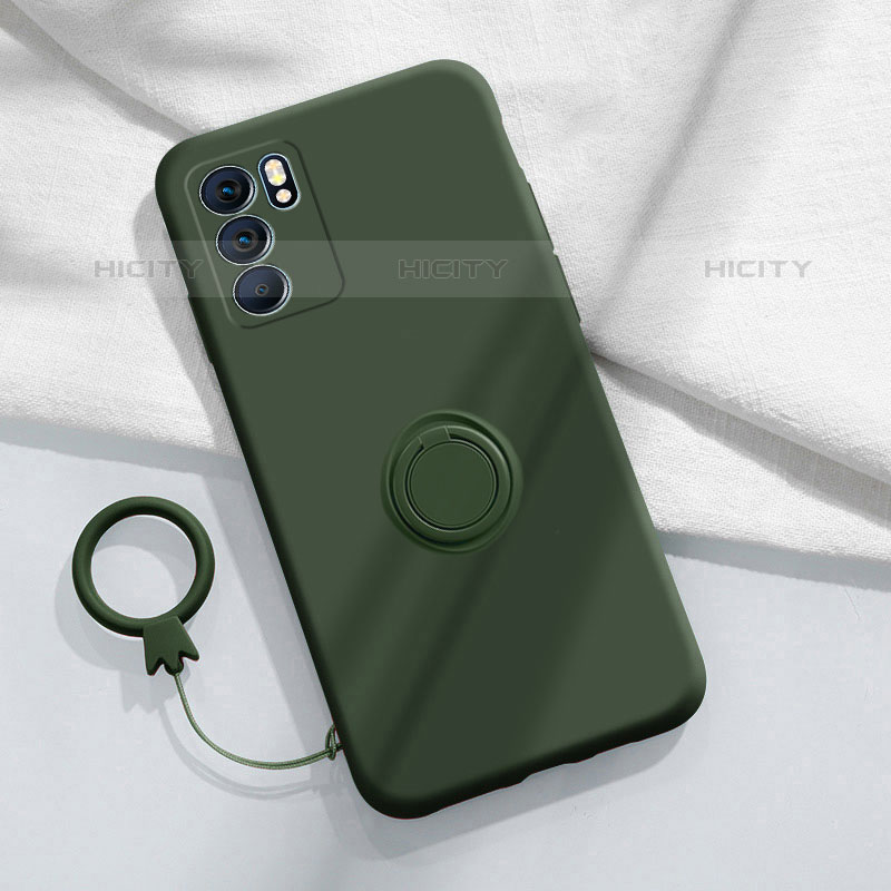 Funda Silicona Carcasa Ultrafina Goma con Magnetico Anillo de dedo Soporte S01 para Oppo Reno6 5G Verde Noche