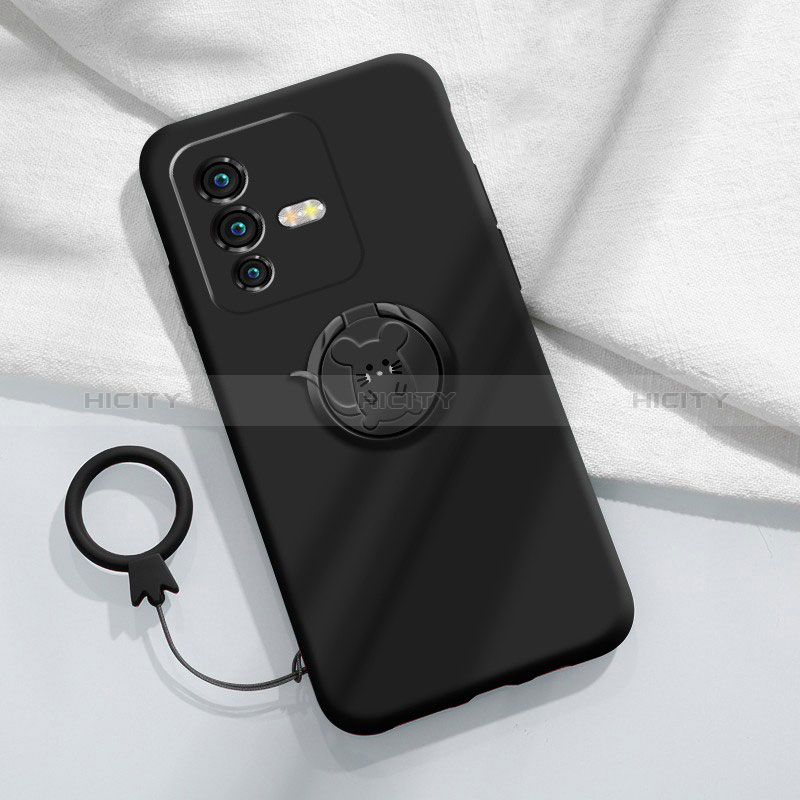 Funda Silicona Carcasa Ultrafina Goma con Magnetico Anillo de dedo Soporte S01 para Vivo V23 Pro 5G Negro