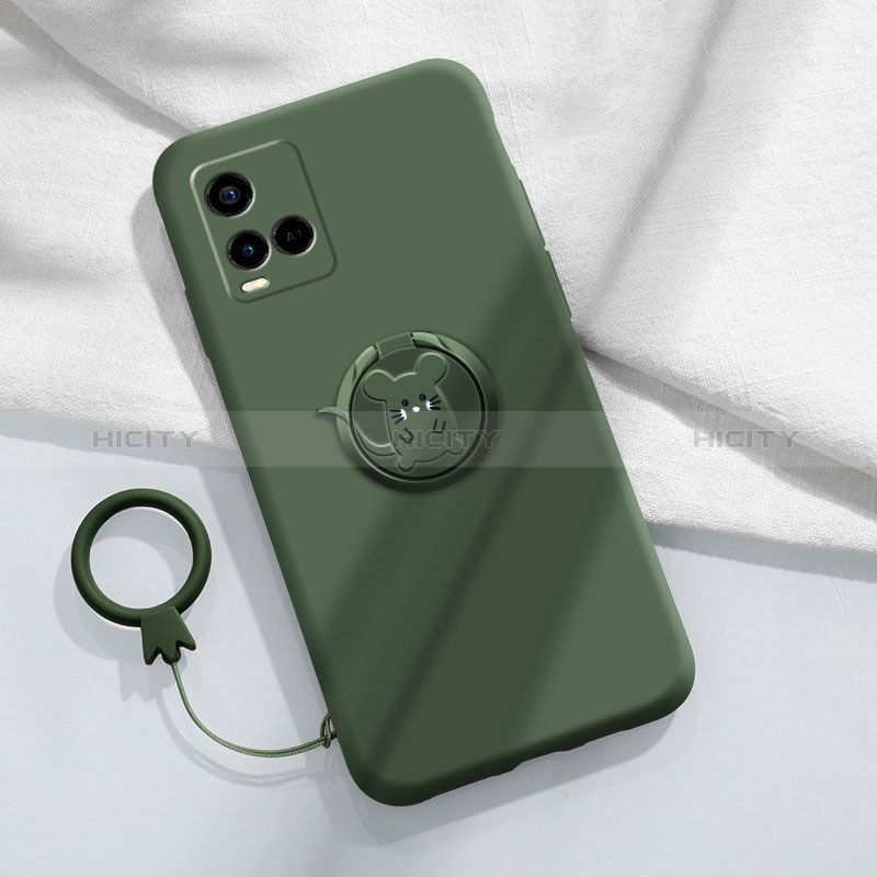 Funda Silicona Carcasa Ultrafina Goma con Magnetico Anillo de dedo Soporte S01 para Vivo Y21e Verde Noche