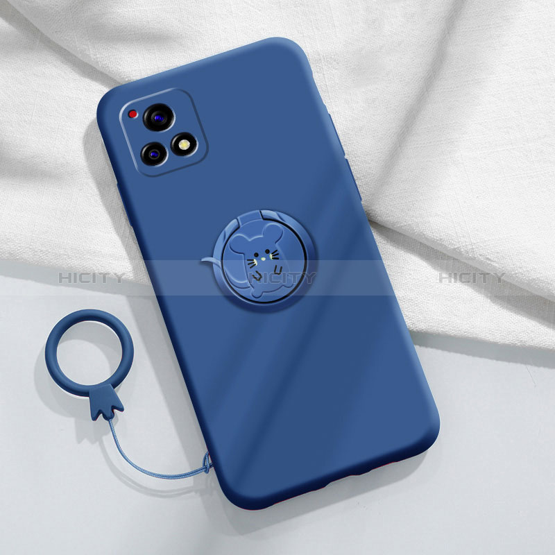 Funda Silicona Carcasa Ultrafina Goma con Magnetico Anillo de dedo Soporte S01 para Vivo Y31s 5G Azul