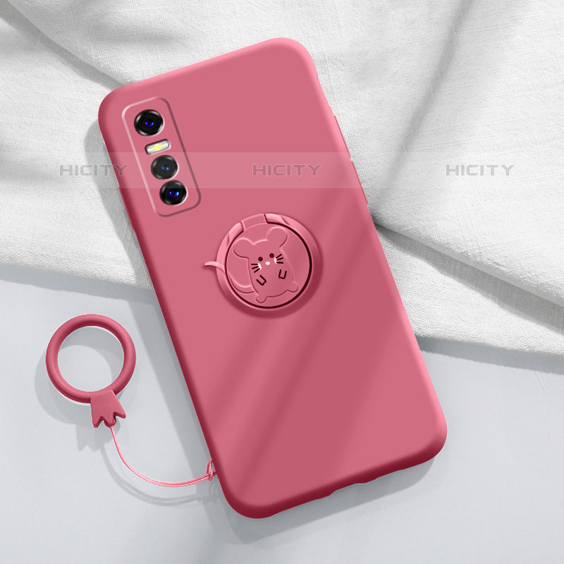 Funda Silicona Carcasa Ultrafina Goma con Magnetico Anillo de dedo Soporte S01 para Vivo Y73s 5G Rojo