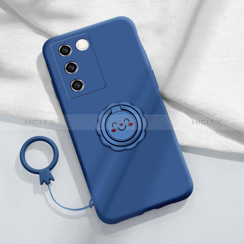 Funda Silicona Carcasa Ultrafina Goma con Magnetico Anillo de dedo Soporte S02 para Vivo V27 5G Azul