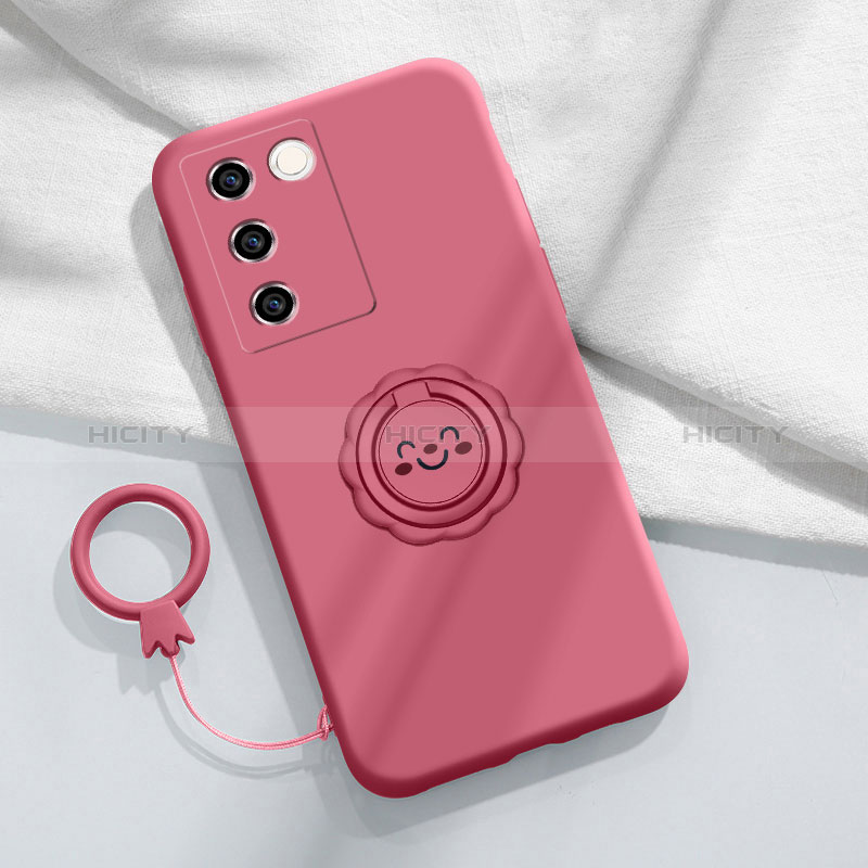 Funda Silicona Carcasa Ultrafina Goma con Magnetico Anillo de dedo Soporte S02 para Vivo V27 5G Rosa Roja