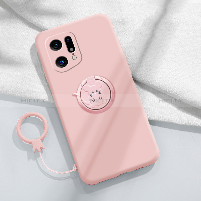 Funda Silicona Carcasa Ultrafina Goma con Magnetico Anillo de dedo Soporte S03 para Oppo Find X5 5G Rosa