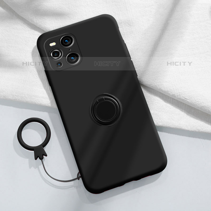 Funda Silicona Carcasa Ultrafina Goma con Magnetico Anillo de dedo Soporte S04 para Oppo Find X3 Pro 5G Negro