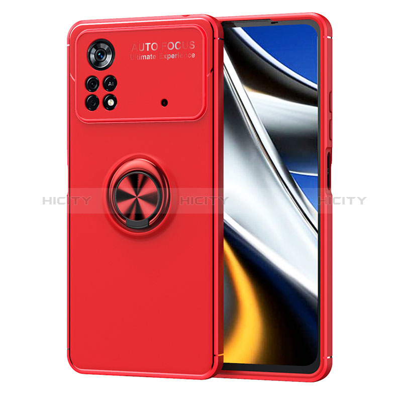 Funda Silicona Carcasa Ultrafina Goma con Magnetico Anillo de dedo Soporte SD1 para Xiaomi Poco M4 Pro 4G Rojo