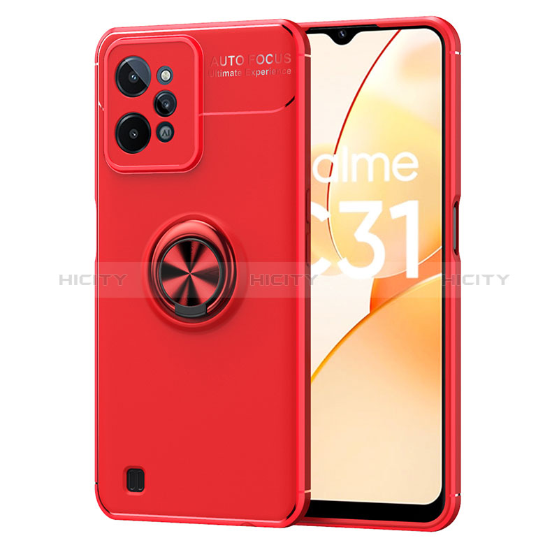 Funda Silicona Carcasa Ultrafina Goma con Magnetico Anillo de dedo Soporte SD2 para Realme C31 Rojo