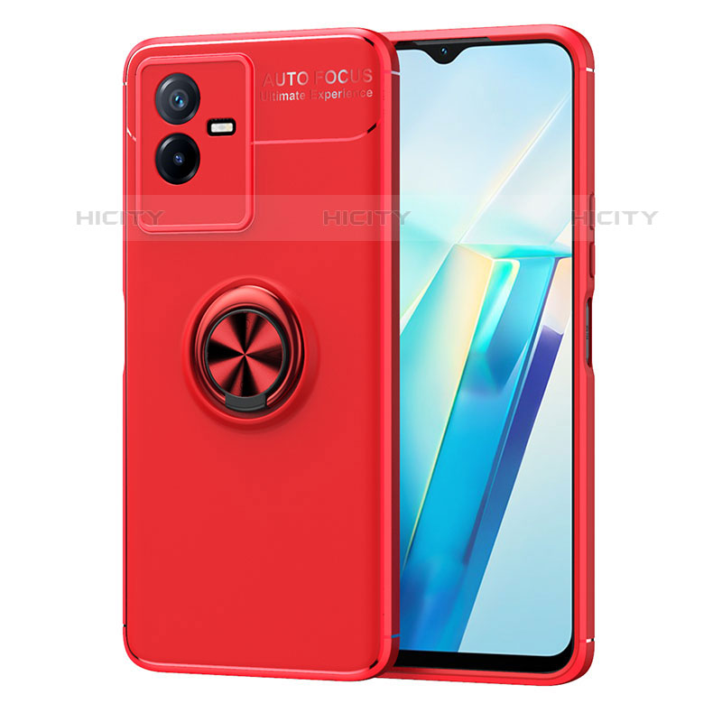 Funda Silicona Carcasa Ultrafina Goma con Magnetico Anillo de dedo Soporte SD2 para Vivo iQOO Z6x Rojo