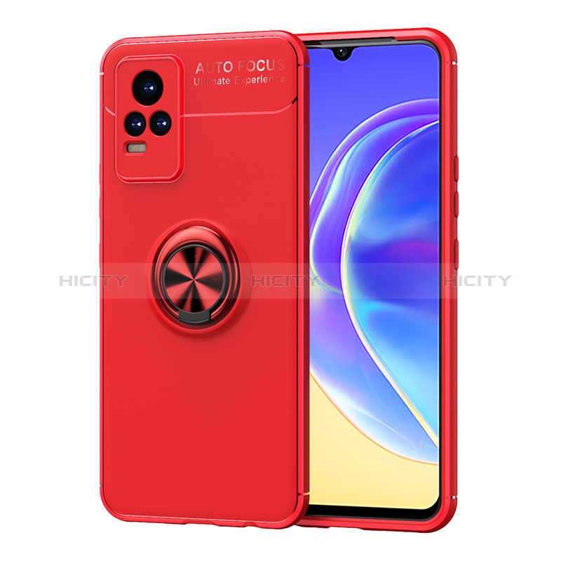 Funda Silicona Carcasa Ultrafina Goma con Magnetico Anillo de dedo Soporte SD2 para Vivo V21e 4G Rojo