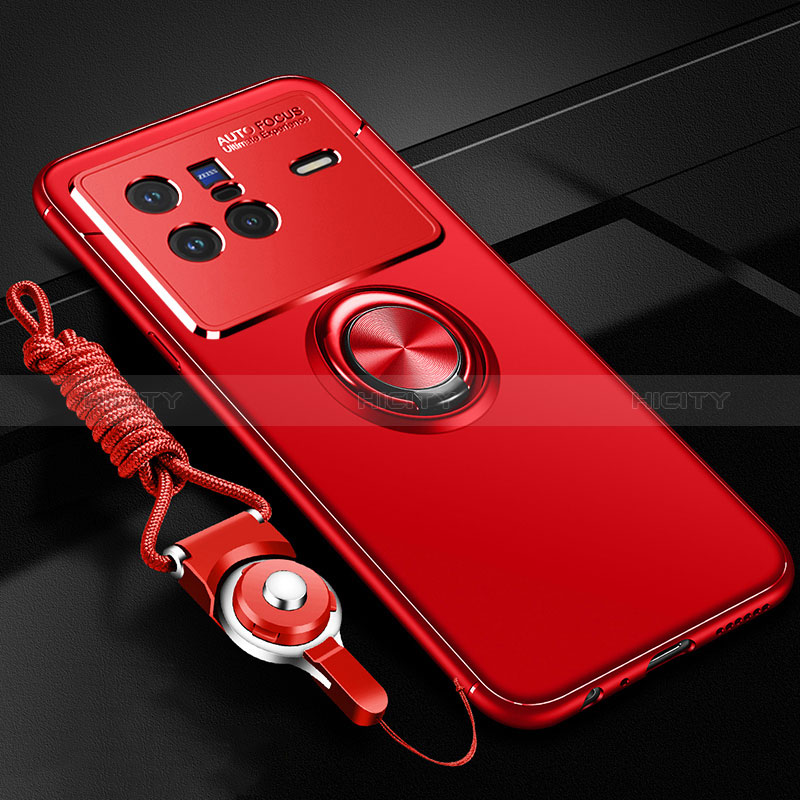 Funda Silicona Carcasa Ultrafina Goma con Magnetico Anillo de dedo Soporte SD3 para Vivo X80 5G Rojo
