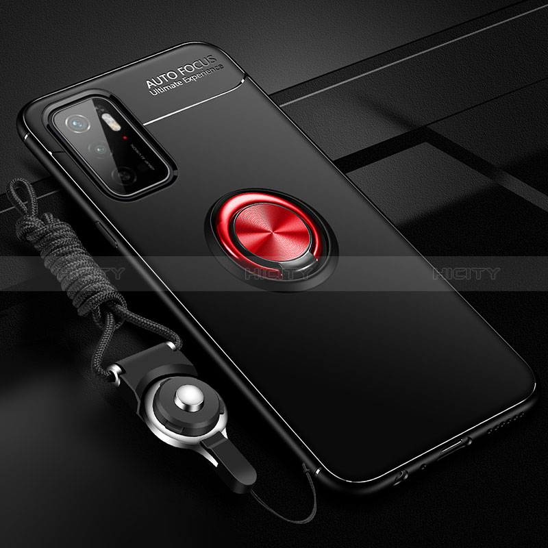 Funda Silicona Carcasa Ultrafina Goma con Magnetico Anillo de dedo Soporte SD3 para Xiaomi Redmi 11 Prime 5G Rojo y Negro