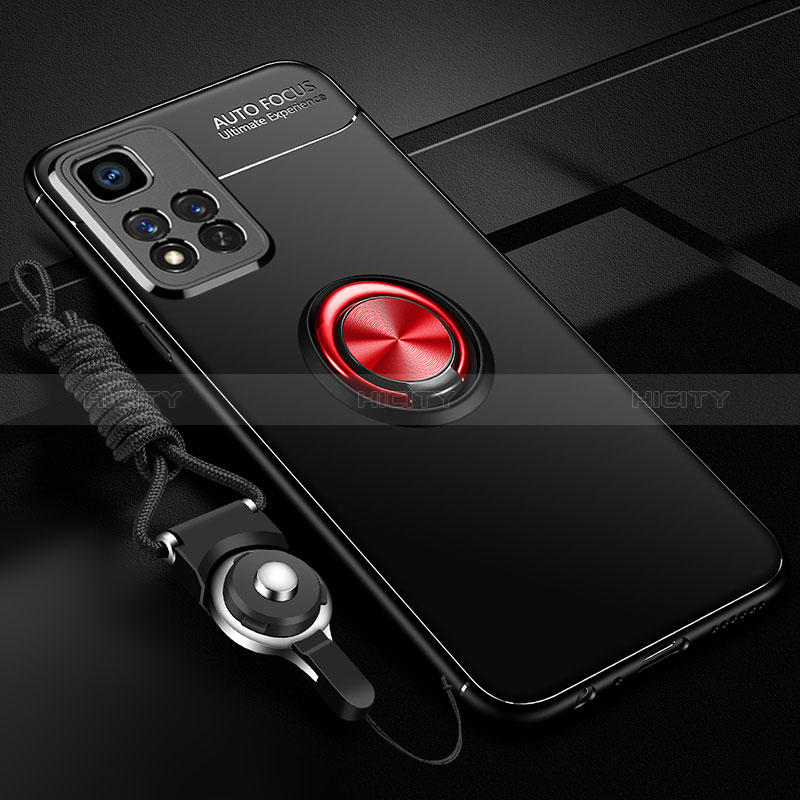 Funda Silicona Carcasa Ultrafina Goma con Magnetico Anillo de dedo Soporte SD3 para Xiaomi Redmi Note 11 Pro+ Plus 5G Rojo y Negro