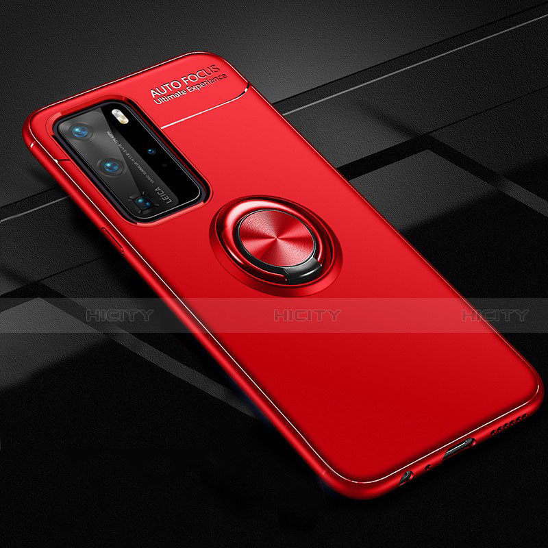 Funda Silicona Carcasa Ultrafina Goma con Magnetico Anillo de dedo Soporte T01 para Huawei P40 Pro Rojo