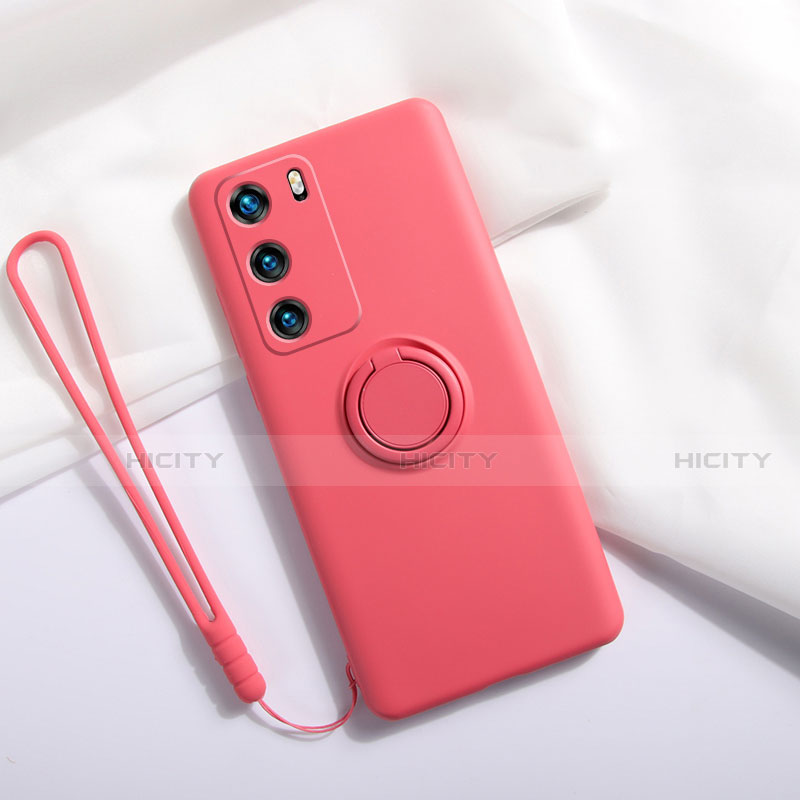 Funda Silicona Carcasa Ultrafina Goma con Magnetico Anillo de dedo Soporte T01 para Huawei P40 Rojo