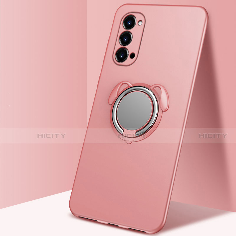 Funda Silicona Carcasa Ultrafina Goma con Magnetico Anillo de dedo Soporte T01 para Oppo Reno4 5G Oro Rosa