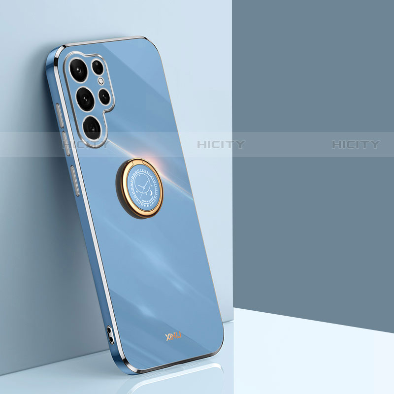 Funda Silicona Carcasa Ultrafina Goma con Magnetico Anillo de dedo Soporte T01 para Samsung Galaxy S22 Ultra 5G Azul