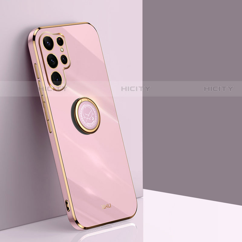 Funda Silicona Carcasa Ultrafina Goma con Magnetico Anillo de dedo Soporte T01 para Samsung Galaxy S23 Ultra 5G Oro Rosa