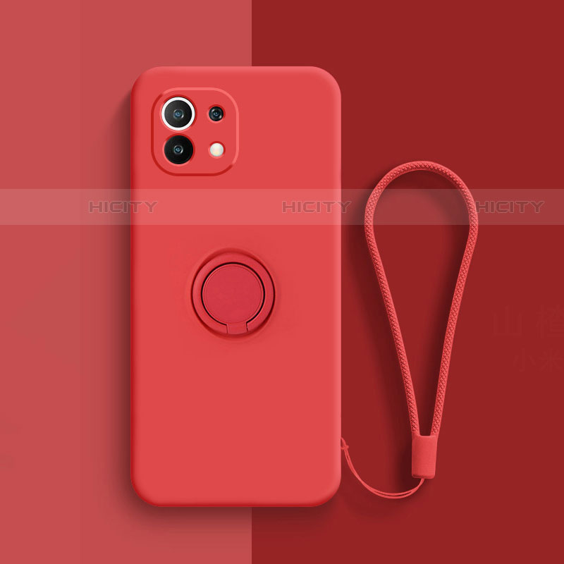 Funda Silicona Carcasa Ultrafina Goma con Magnetico Anillo de dedo Soporte T01 para Xiaomi Mi 11 Lite 4G Rojo