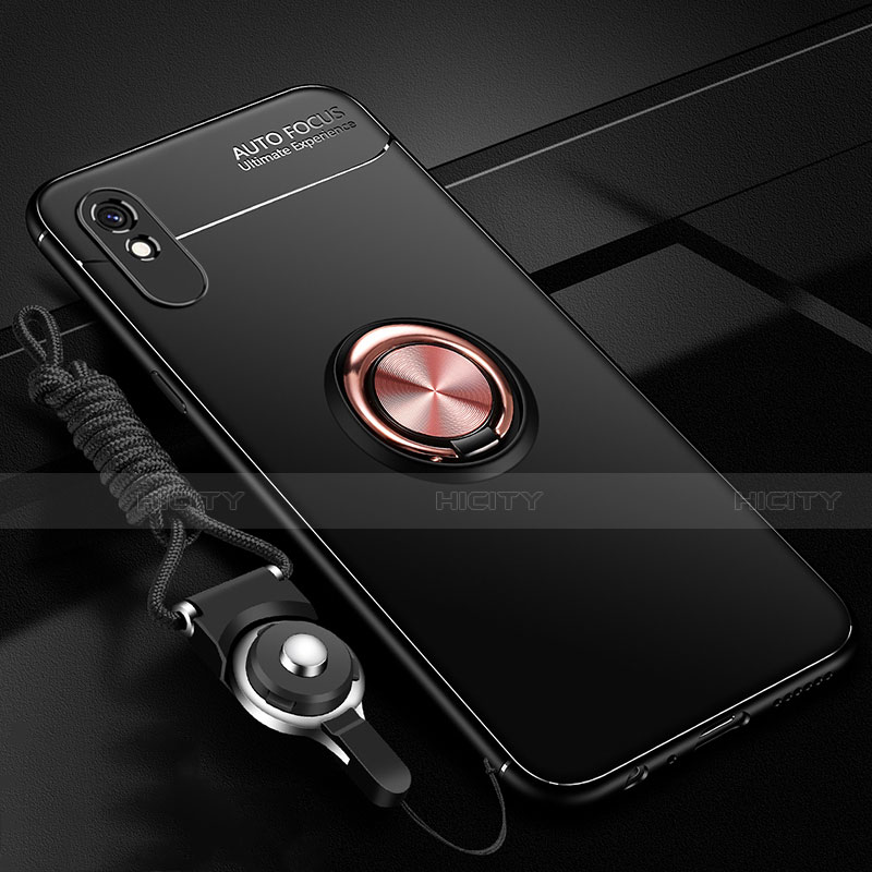 Funda Silicona Carcasa Ultrafina Goma con Magnetico Anillo de dedo Soporte T01 para Xiaomi Redmi 9i Oro y Negro