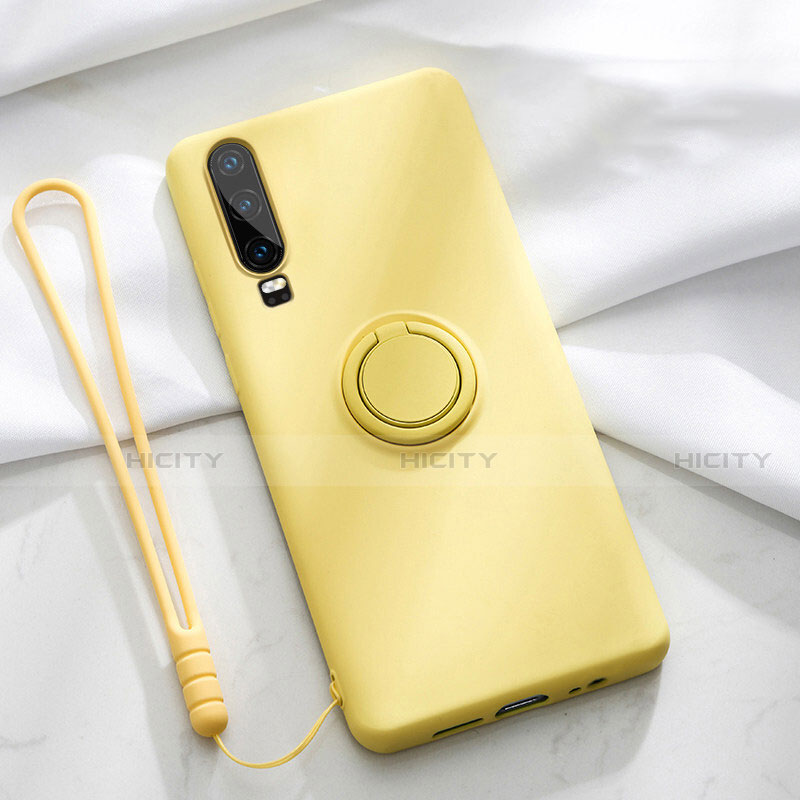 Funda Silicona Carcasa Ultrafina Goma con Magnetico Anillo de dedo Soporte T02 para Huawei P30 Amarillo