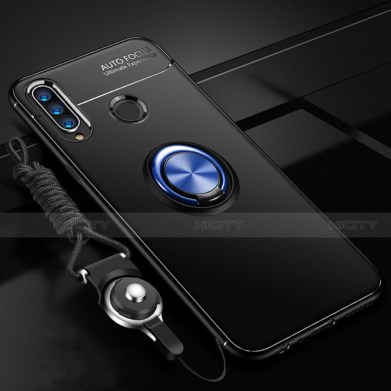 Funda Silicona Carcasa Ultrafina Goma con Magnetico Anillo de dedo Soporte T02 para Huawei P30 Lite New Edition Azul y Negro