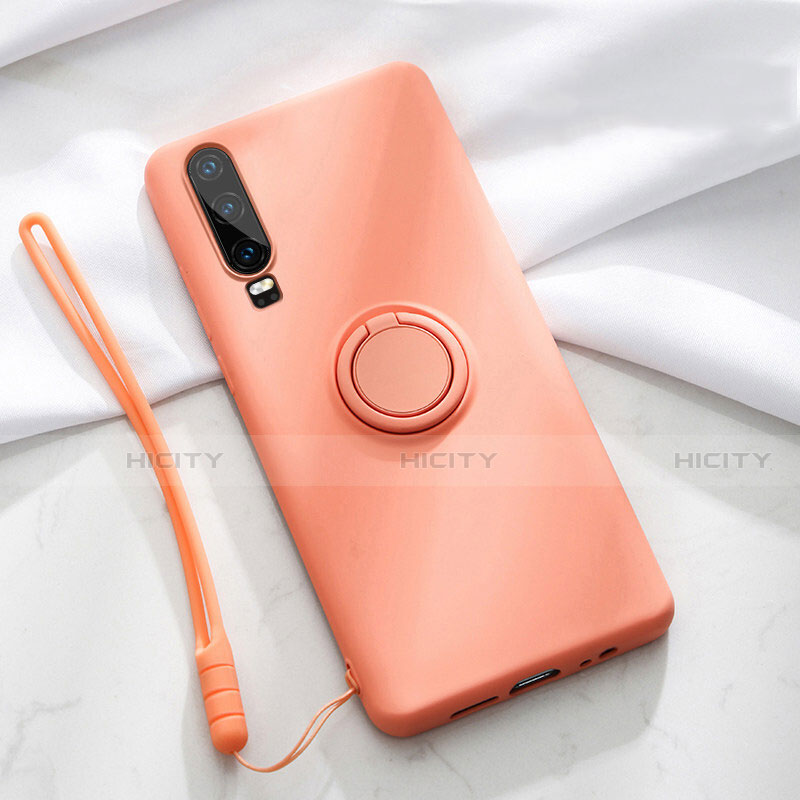 Funda Silicona Carcasa Ultrafina Goma con Magnetico Anillo de dedo Soporte T02 para Huawei P30 Naranja