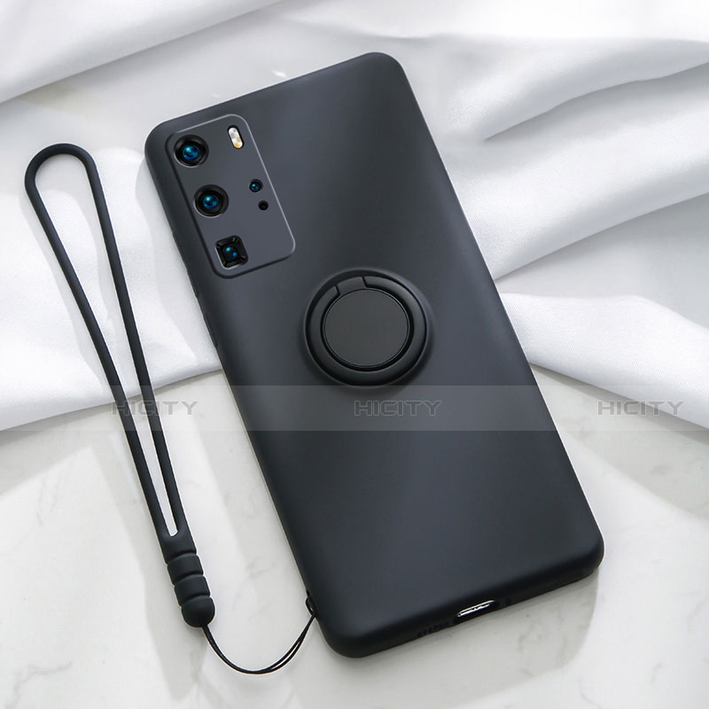 Funda Silicona Carcasa Ultrafina Goma con Magnetico Anillo de dedo Soporte T02 para Huawei P40 Pro Negro