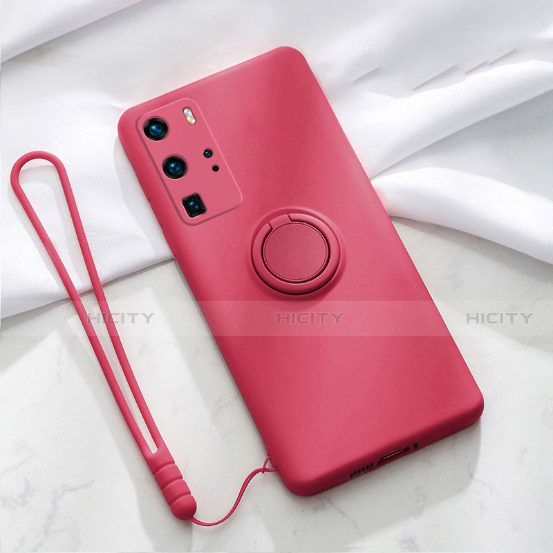 Funda Silicona Carcasa Ultrafina Goma con Magnetico Anillo de dedo Soporte T02 para Huawei P40 Pro Rojo Rosa