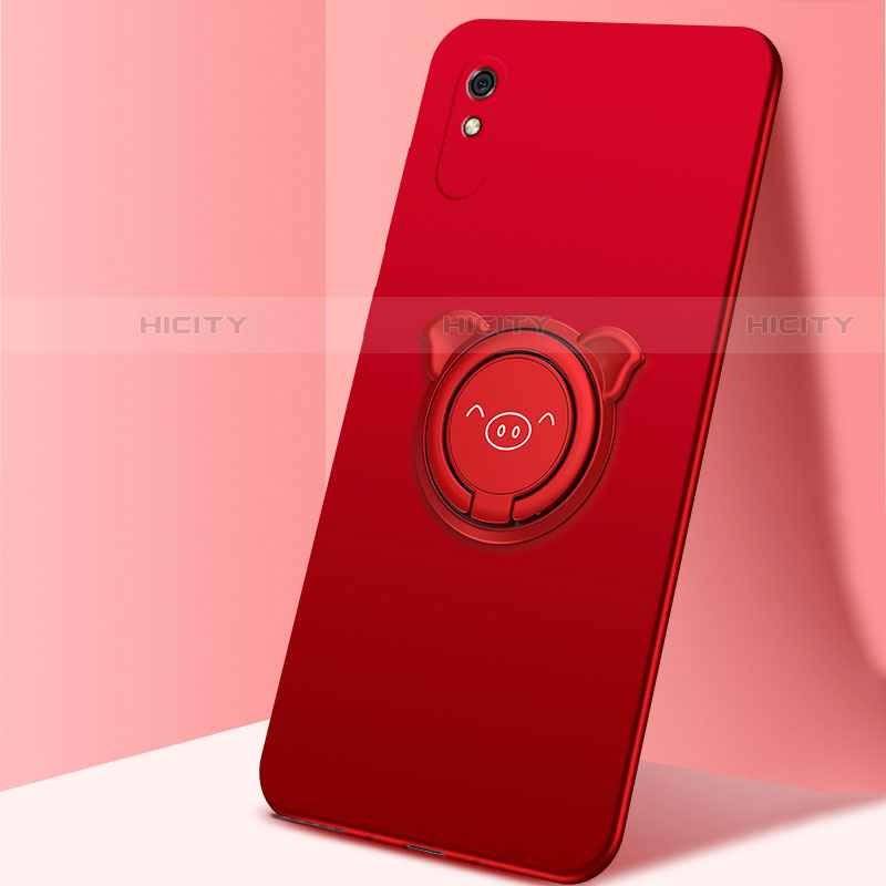 Funda Silicona Carcasa Ultrafina Goma con Magnetico Anillo de dedo Soporte T02 para Xiaomi Redmi 9A Rojo