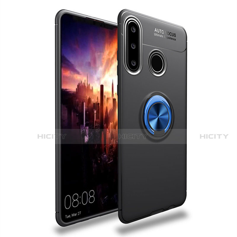 Funda Silicona Carcasa Ultrafina Goma con Magnetico Anillo de dedo Soporte T03 para Huawei P30 Lite Azul y Negro