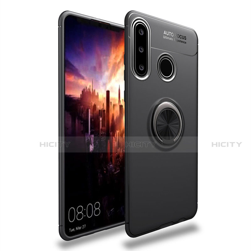 Funda Silicona Carcasa Ultrafina Goma con Magnetico Anillo de dedo Soporte T03 para Huawei P30 Lite New Edition Negro