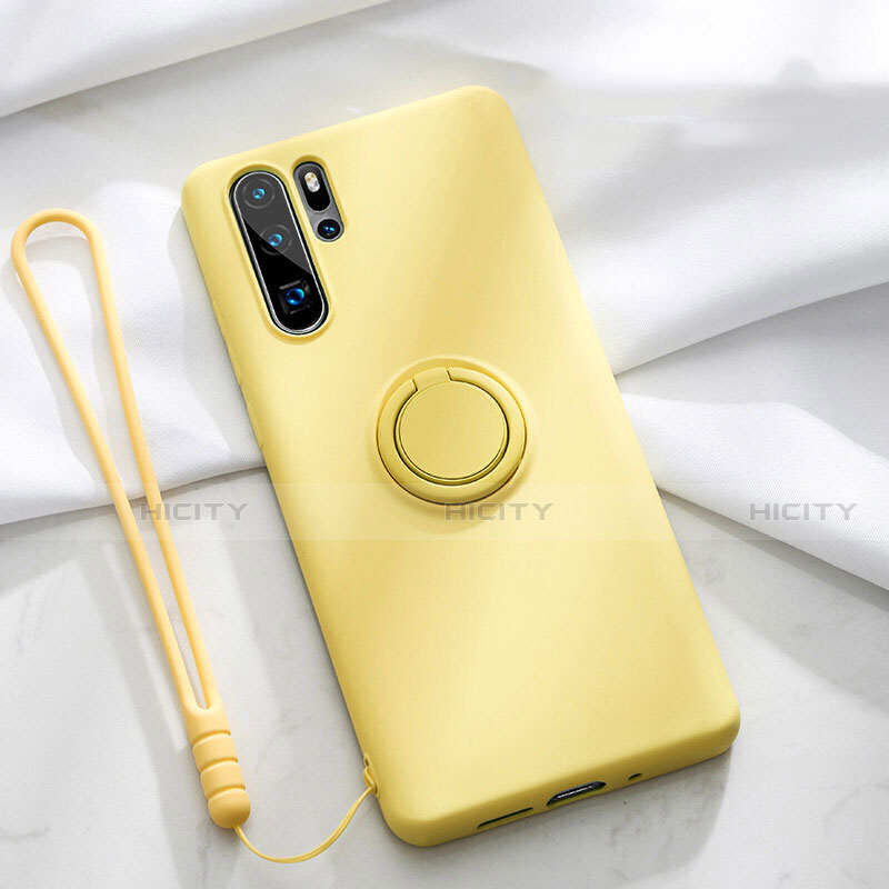 Funda Silicona Carcasa Ultrafina Goma con Magnetico Anillo de dedo Soporte T03 para Huawei P30 Pro Amarillo