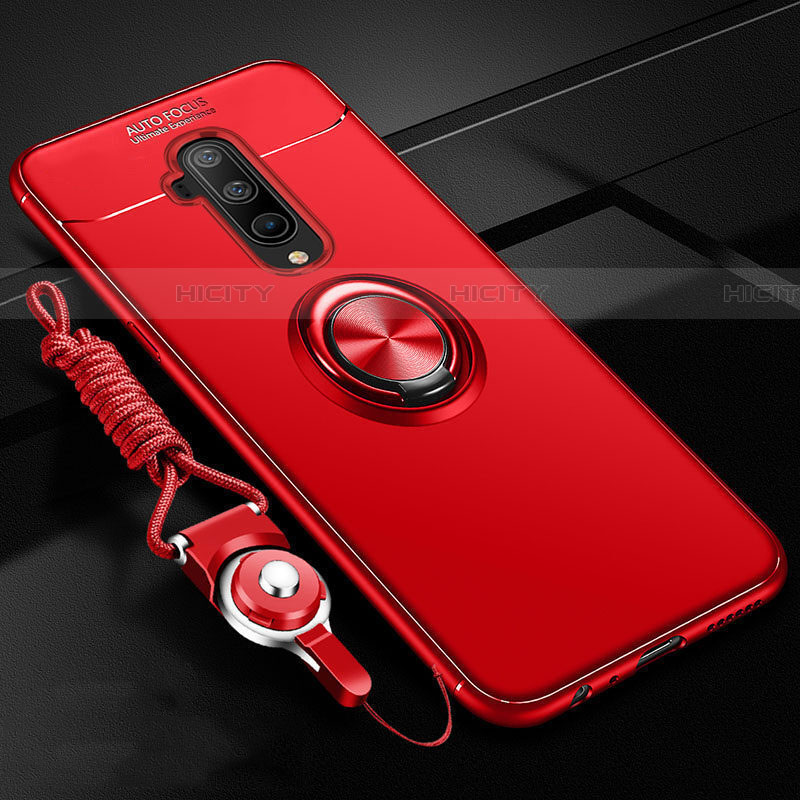 Funda Silicona Carcasa Ultrafina Goma con Magnetico Anillo de dedo Soporte T03 para OnePlus 7T Pro Rojo