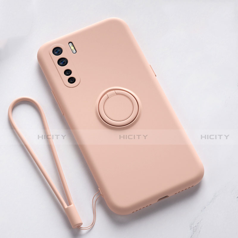 Funda Silicona Carcasa Ultrafina Goma con Magnetico Anillo de dedo Soporte T03 para Oppo F15 Rosa