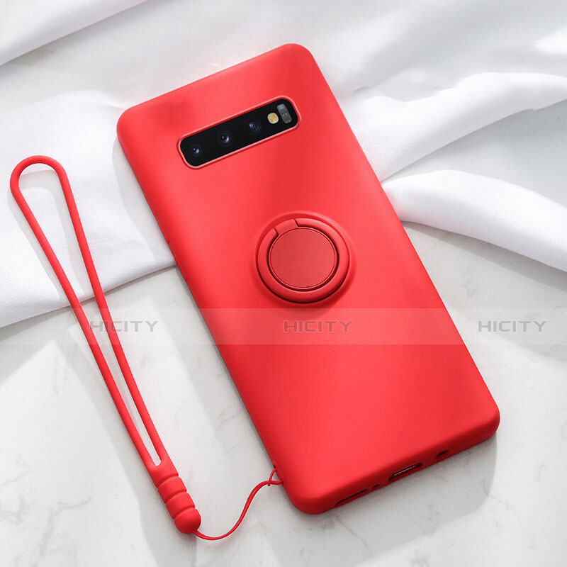 Funda Silicona Carcasa Ultrafina Goma con Magnetico Anillo de dedo Soporte T03 para Samsung Galaxy S10 Plus Rojo