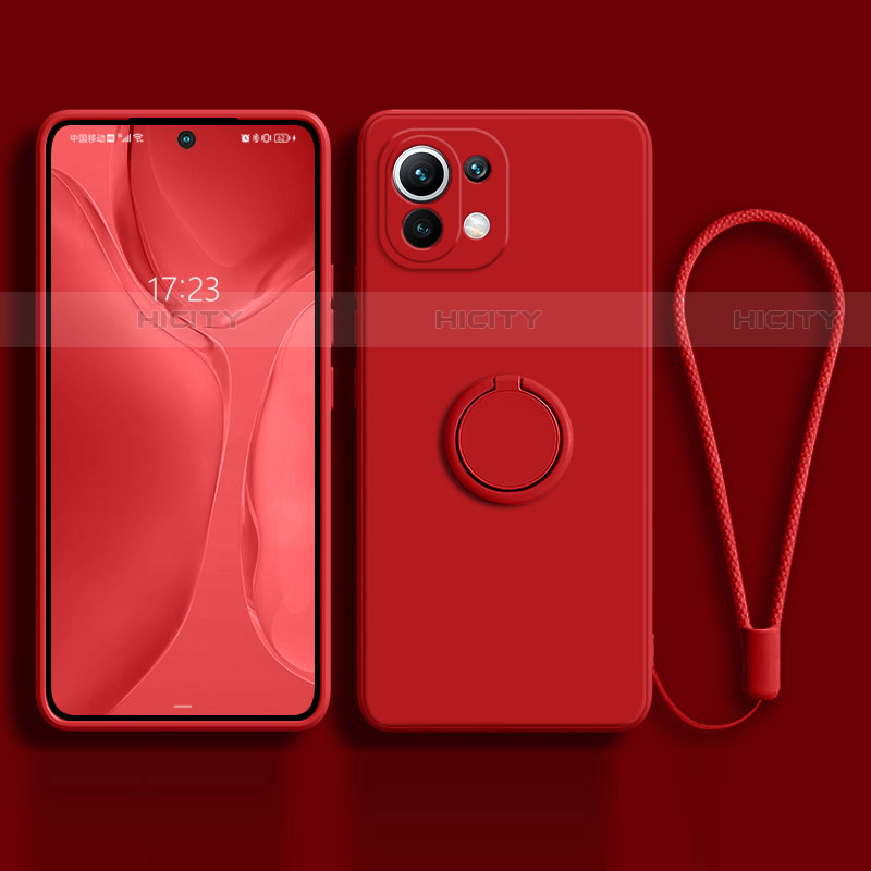 Funda Silicona Carcasa Ultrafina Goma con Magnetico Anillo de dedo Soporte T03 para Xiaomi Mi 11 Lite 4G Rojo