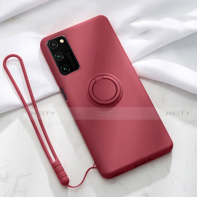 Funda Silicona Carcasa Ultrafina Goma con Magnetico Anillo de dedo Soporte T04 para Huawei Honor View 30 Pro 5G Rojo Rosa