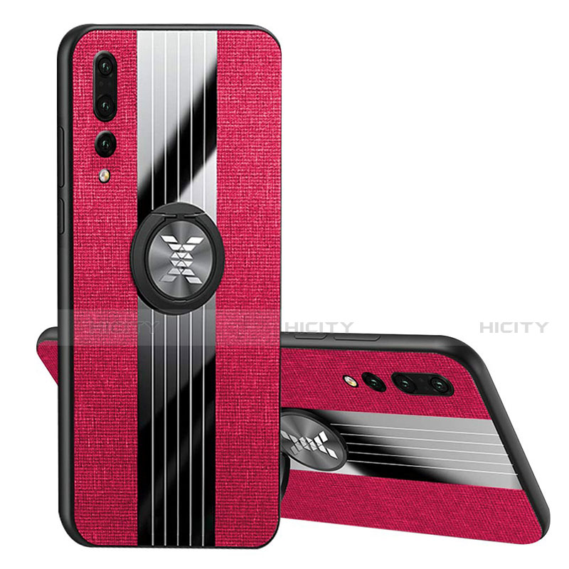 Funda Silicona Carcasa Ultrafina Goma con Magnetico Anillo de dedo Soporte T04 para Huawei P20 Pro Rosa Roja