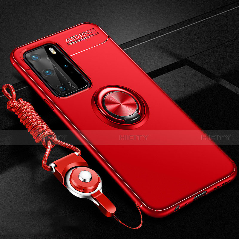 Funda Silicona Carcasa Ultrafina Goma con Magnetico Anillo de dedo Soporte T04 para Huawei P40 Pro Rojo