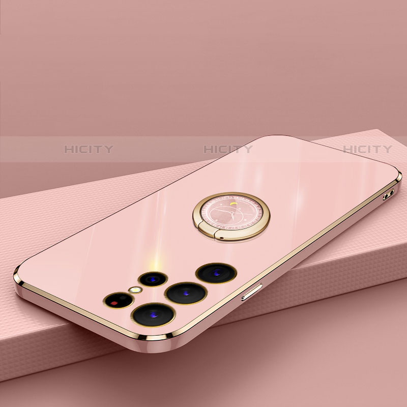 Funda Silicona Carcasa Ultrafina Goma con Magnetico Anillo de dedo Soporte T04 para Samsung Galaxy S22 Ultra 5G Oro Rosa