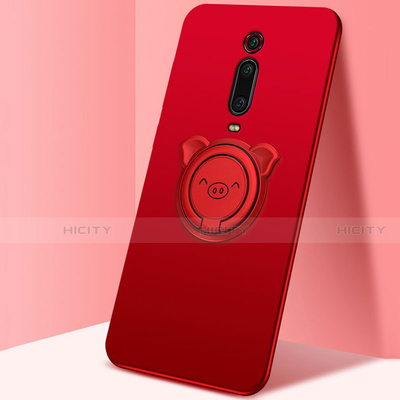 Funda Silicona Carcasa Ultrafina Goma con Magnetico Anillo de dedo Soporte T05 para Xiaomi Mi 9T Rojo