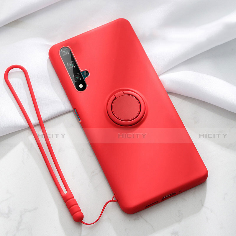 Funda Silicona Carcasa Ultrafina Goma con Magnetico Anillo de dedo Soporte T06 para Huawei Honor 20 Rojo