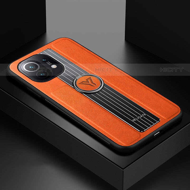 Funda Silicona Carcasa Ultrafina Goma con Magnetico Anillo de dedo Soporte T06 para Xiaomi Mi 11 Lite 5G Naranja