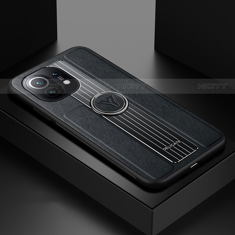 Funda Silicona Carcasa Ultrafina Goma con Magnetico Anillo de dedo Soporte T06 para Xiaomi Mi 11 Lite 5G Negro