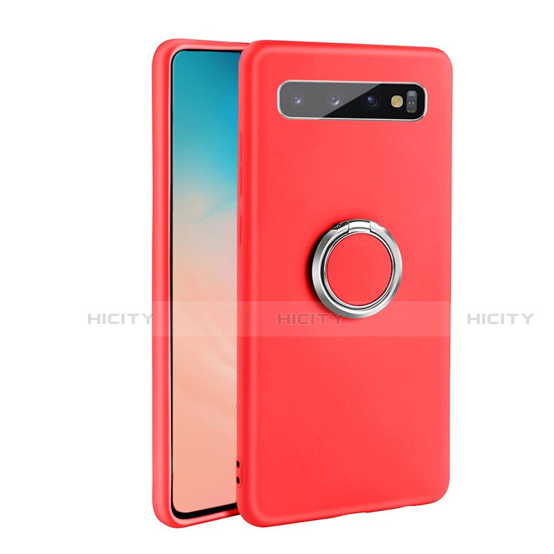 Funda Silicona Carcasa Ultrafina Goma con Magnetico Anillo de dedo Soporte T08 para Samsung Galaxy S10 Plus Rojo