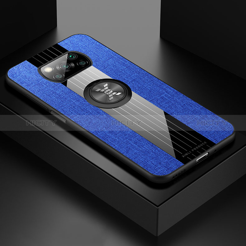 Funda Silicona Carcasa Ultrafina Goma con Magnetico Anillo de dedo Soporte X01L para Xiaomi Poco X3 NFC Azul