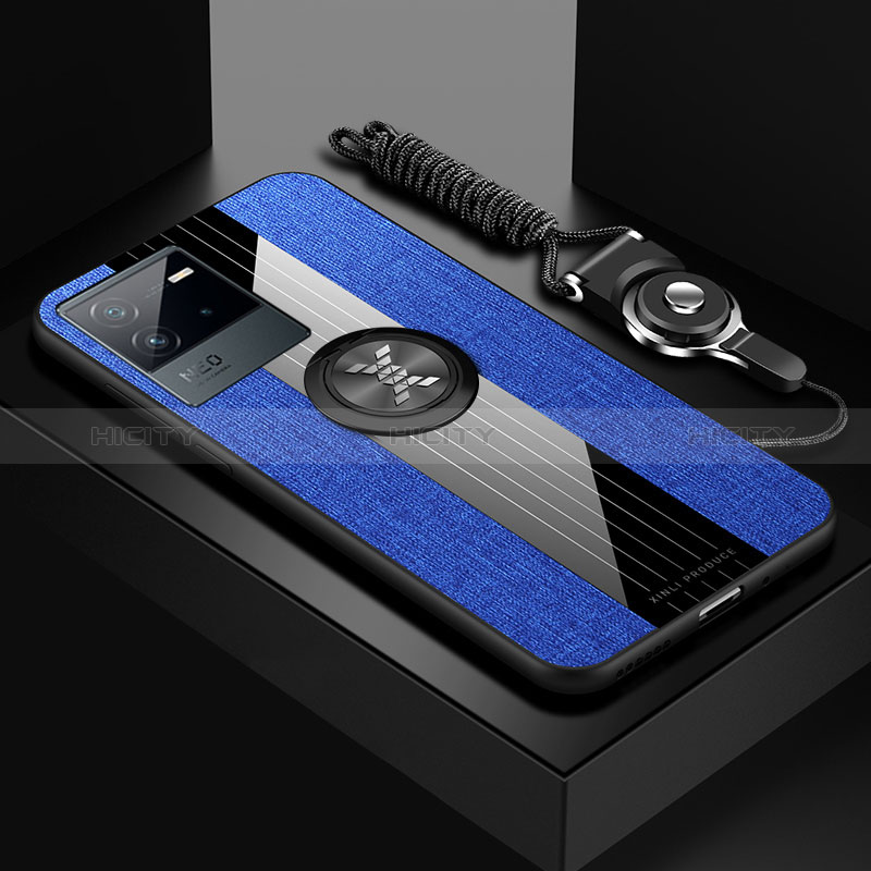 Funda Silicona Carcasa Ultrafina Goma con Magnetico Anillo de dedo Soporte X03L para Vivo iQOO Neo6 SE 5G Azul