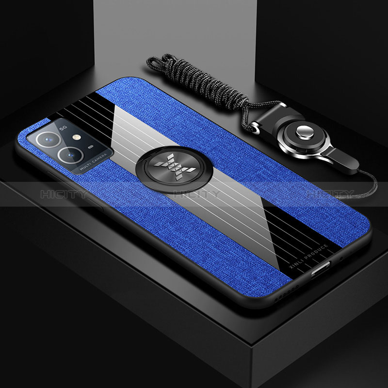 Funda Silicona Carcasa Ultrafina Goma con Magnetico Anillo de dedo Soporte X03L para Vivo Y55s 5G Azul