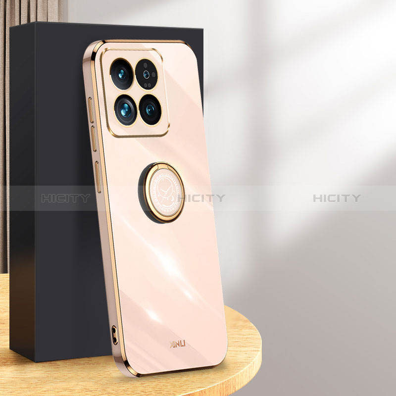 Funda Silicona Carcasa Ultrafina Goma con Magnetico Anillo de dedo Soporte XL1 para Xiaomi Mi 14 5G Oro Rosa